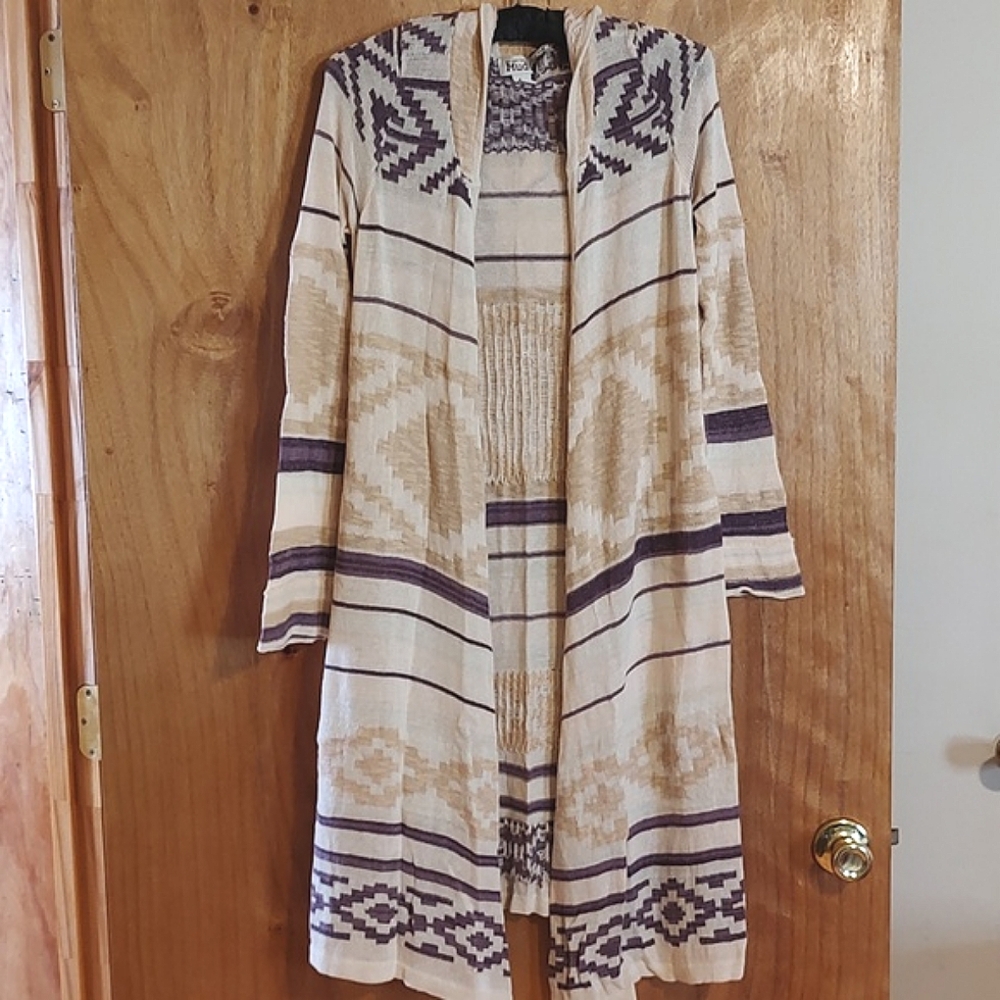 Mudd Boho Open Front Duster Cream Gold Purple Hooded Cotton Blend Cardigan Med